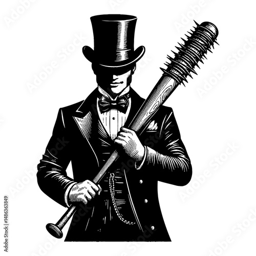 Vintage Gentleman Thug with Top Hat Holding Spiked Baseball Bat Black and White Outline Line Art Drawing