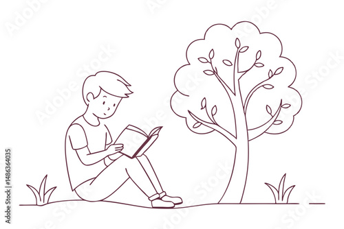 young learner reading under tree illustration