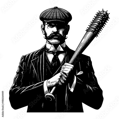 Vintage Gentleman Thug with Flat Cap Holding Spiked Baseball Bat Black and White Outline Line Art Drawing