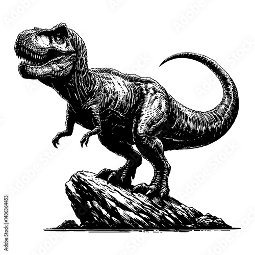 Tyrannosaurus Rex or T Rex Standing on Rock Black and White Outline Line Art Drawing