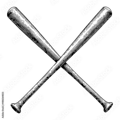 Crossed Baseball Bats Black and White Outline Line Art Drawing Style Detailed Illustration