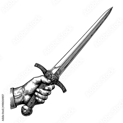 Hand Holding Medieval Short Sword Blade Black and White Outline Line Art Drawing