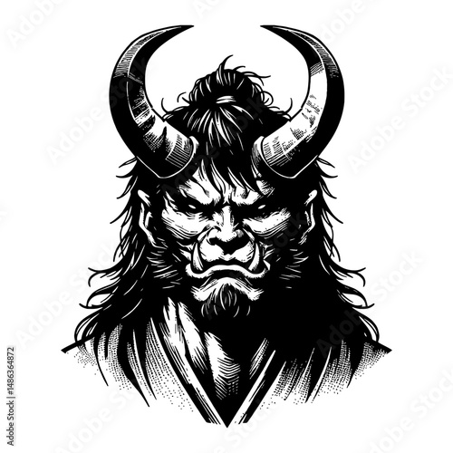 Orc Ogre Oni Samurai Ronin with Horns Black and White Outline Line Art Drawing