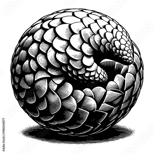 Pangoline Ball Curled Up Defensive Position Black and White Outline Line Art Drawing