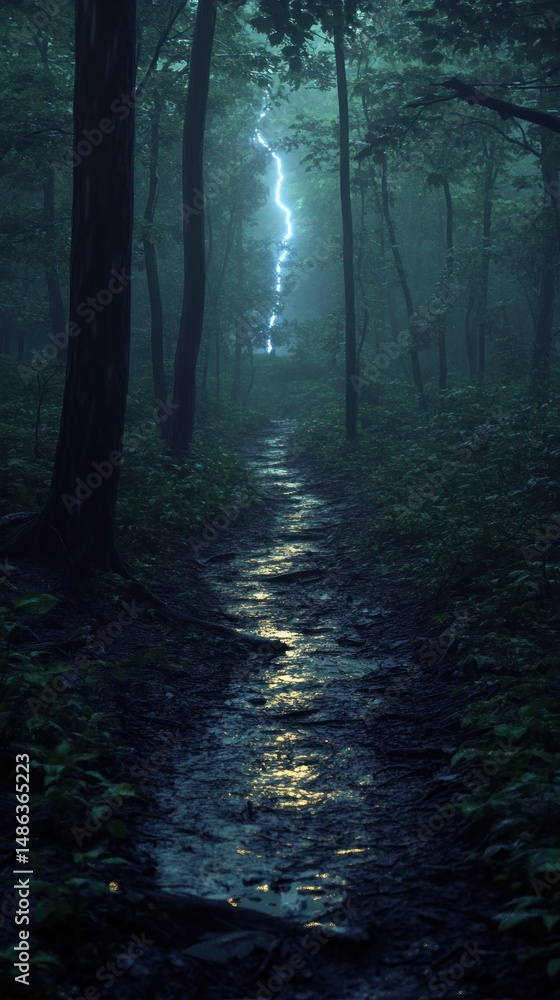 Obraz premium Misty forest path with lightning