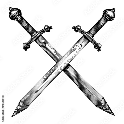 Crossed Medieval Daggers Black and White Outline Line Art Drawing Style Vintage Illustration 