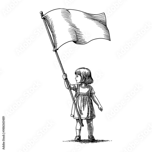 Little Girl Holding White Flag in Black and White Outline Line Art Drawing Illustration