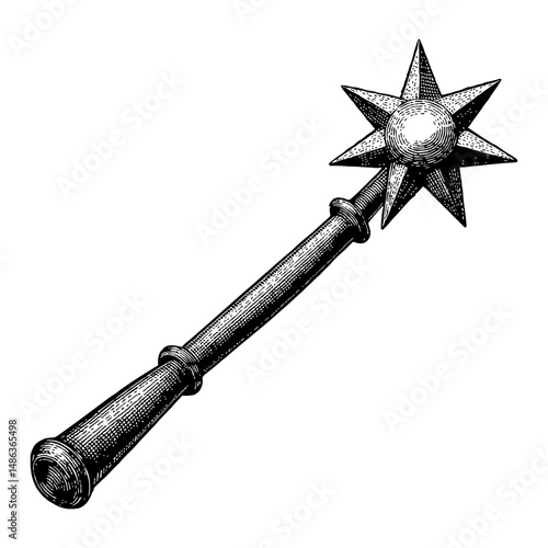 Morning Star Weapon Isolated Medieval Mace Black and White Outline Line Art Drawing