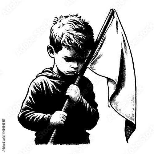 A Sad Boy Holding a White Flag in Black and White Outline Line Art Drawing Illustration