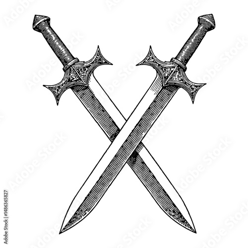 Crossed Medieval Daggers Detailed Black and White Outline Line Art Drawing Illustration Design