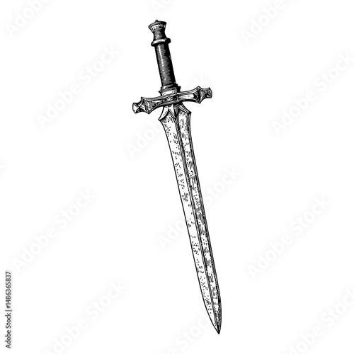 Medieval Dagger Detailed Black and White Outline Line Art Drawing of Weapon in Antique Style