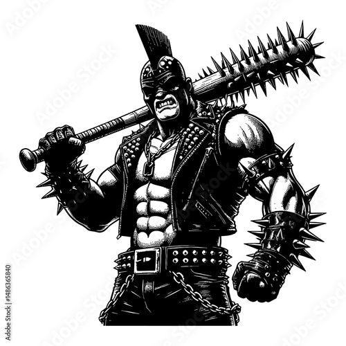 Muscular Thug Hodling Spiky Baseball Bat Black and White Outline Line Art Drawing
