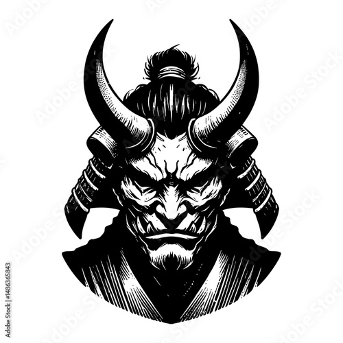 Orc Ogre Oni Samurai Ronin Face with Horns Black and White Outline Line Art Drawing