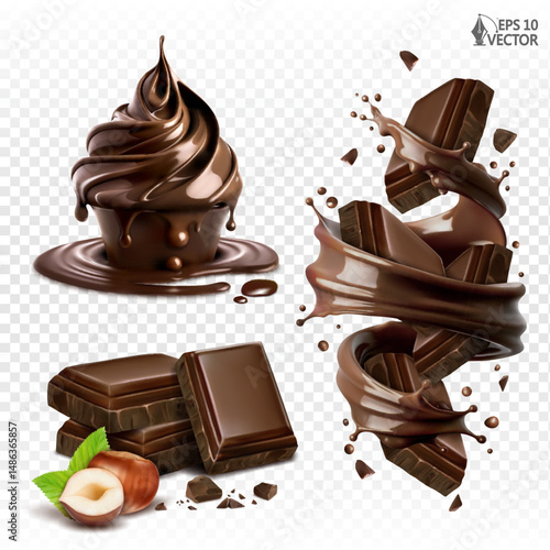 Vector realistic chocolate splash, swirl. Set of sweet desserts, brownies. Milk chocolate slices with hazelnuts. Food illustrations, design elements