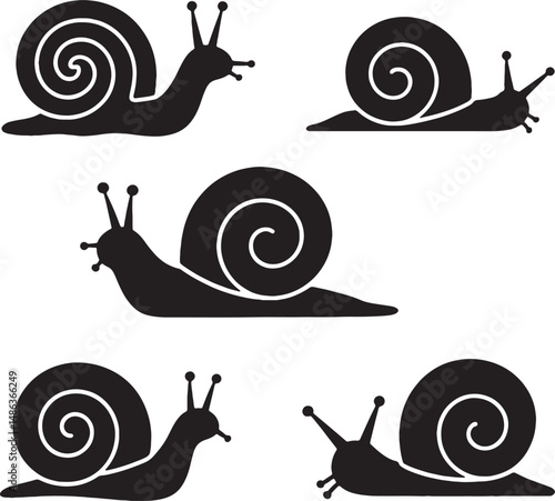 Four silhouettes of snails shell spiral design