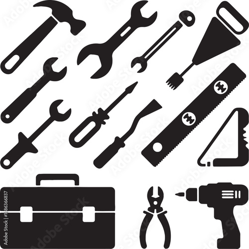 Black and white tool icons set handyman repair kit