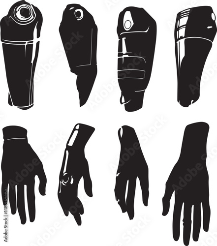 Silhouette Prosthetic Limbs and Hands, Black and White Vector Art
