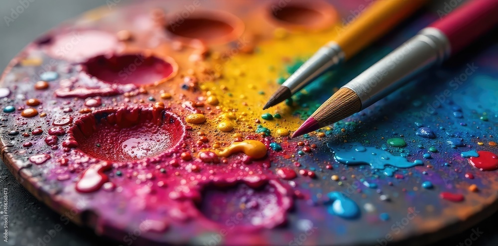 Obraz premium A vibrant artist's palette brimming with colorful oil paints, ready for the next masterpiece Brushes rest gently beside the richly hued mixture , macro, paint, tools