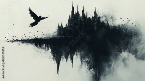 Gothic castle emerges from dark clouds, raven flies. Surreal and ominous atmosphere