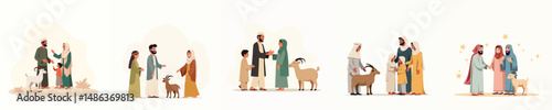 Happy Muslim Family Celebrating Eid al-Adha with Children and Qurban Goat – Flat Vector Set