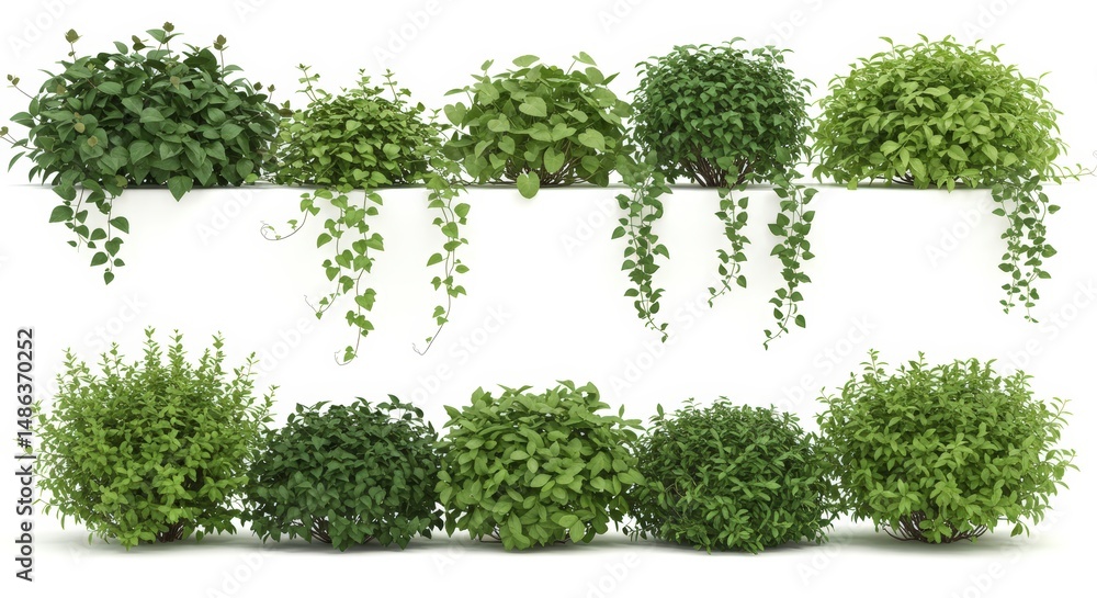 Obraz premium Arrangement of Green Plants and Shrubs Isolated on White