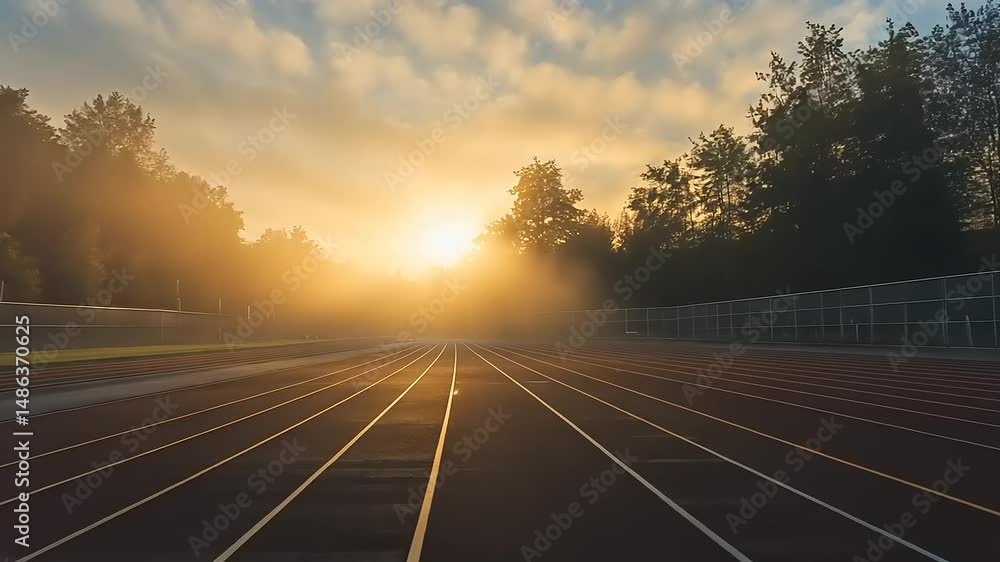 Serene sunrise over a misty running track, inviting early morning joggers in a tranquil park setting Serene sunrise over a misty running track, inviting early morning joggers in a tranquil park setting
