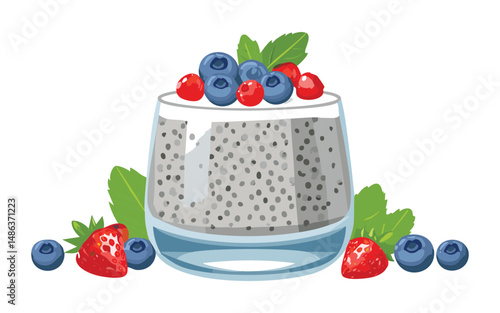 Chia Dessert with Berries Garnish - Vector Illustration