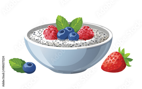 Chia Yogurt Bowl with Berries - Vector Illustration