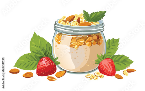 Overnight Oats with Granola in a Jar - Vector Illustration