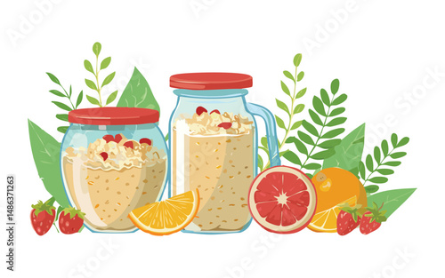Overnight Oats with Orange and Grapefruit - Vector illustration