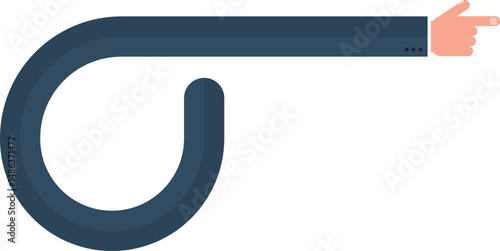 Curved graphic line, in the shape of a hand of a businessman pointing with index finger, making curve, returning and changing direction in a straight line, to direct information in design