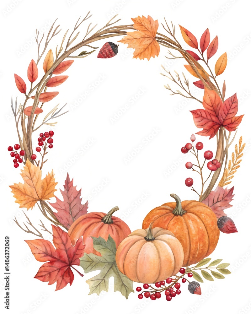 Fototapeta premium “Vertical fall-themed wreath with orange and red maple leaves, pumpkins, berries and twigs forming a soft arch on top and bottom, blank center for seasonal message, watercolor style” 