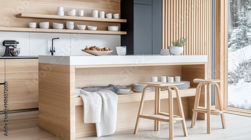 Wallpaper Mural Modern wooden panel kitchen interior featuring minimalistic design and ergonomic seating for a cozy dining experience Torontodigital.ca