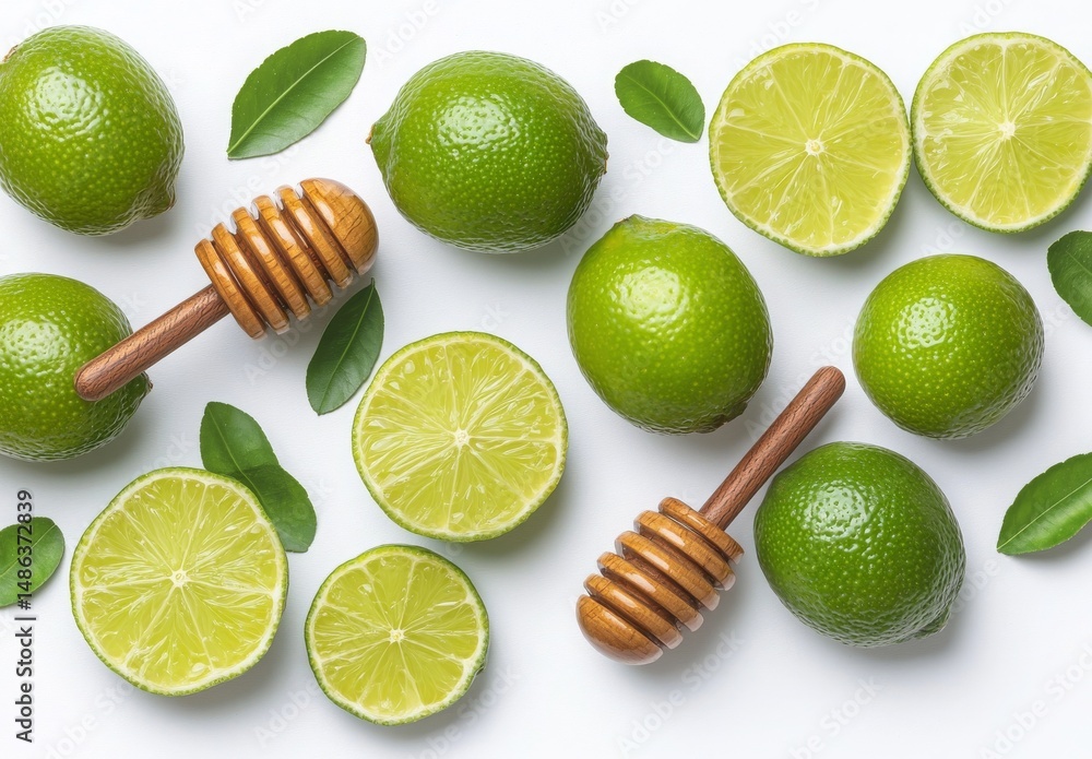 Fresh Limes and Honey Dippers Arranged on a Bright White Background for Culinary and Beverage Inspiration Fresh Limes and Honey Dippers Arranged on a Bright White Background for Culinary and Beverage Inspiration