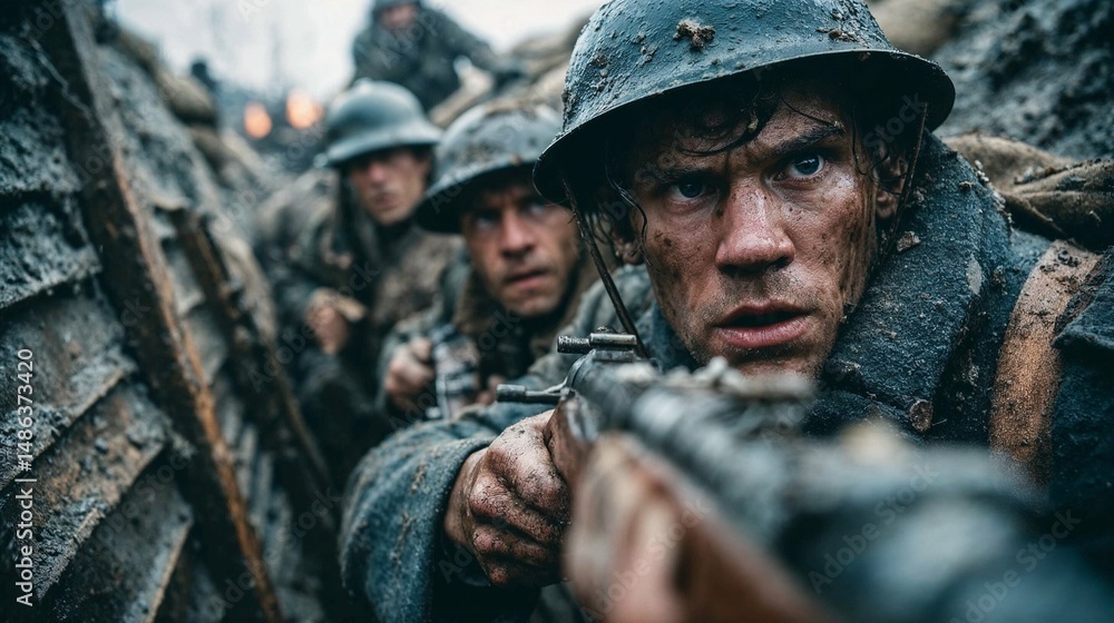 Intense assault by tense soldiers during trench warfare. Intense assault by tense soldiers during trench warfare.
