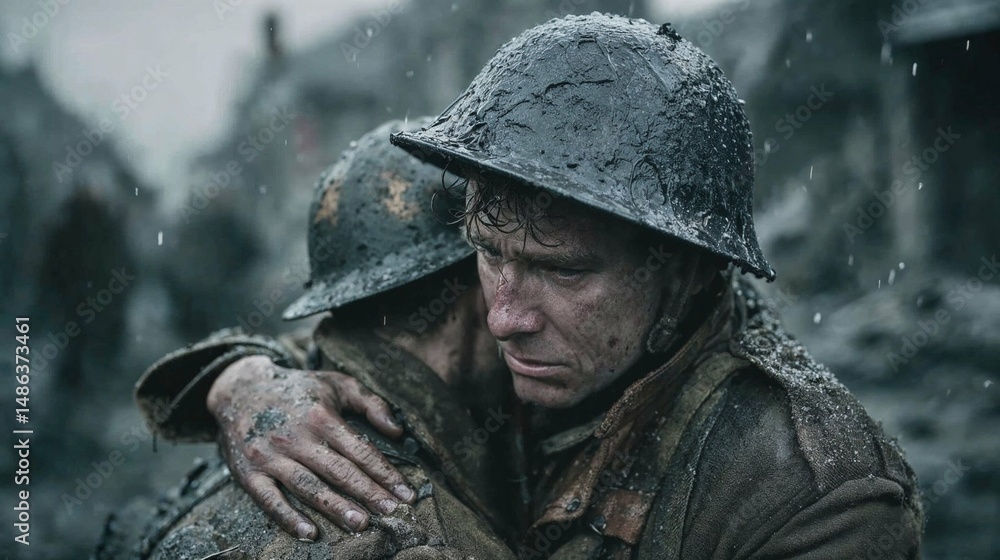 Obraz premium Two soldiers embracing after a traumatic battle in the rain, trauma, loss, brotherhood, emotional aftermath of war, human resilience under suffering.