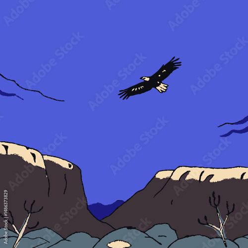 Majestic Wedge-tailed Eagle soaring high above the Australian outback in this detailed vector illustration, perfect for wildlife and nature-themed designs