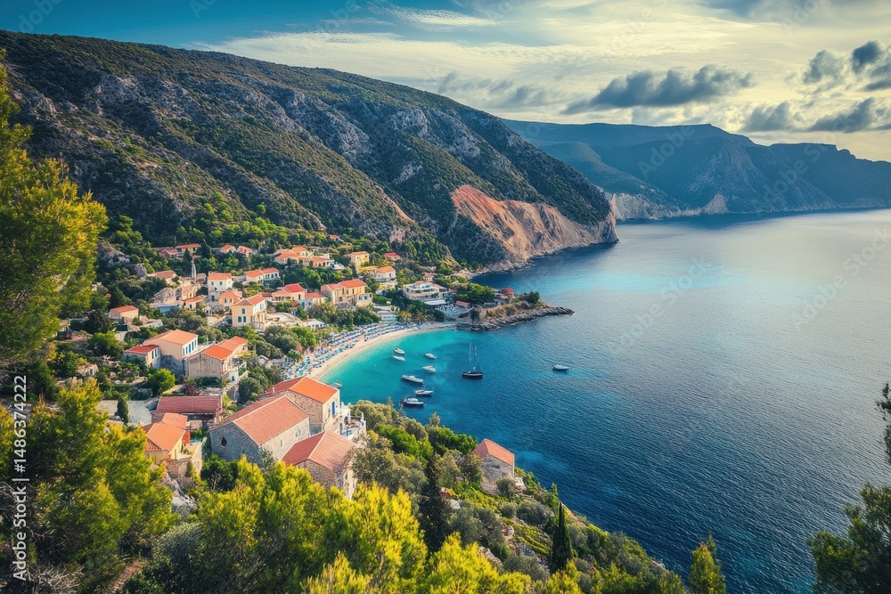 Obraz premium Aerial view of Assos village in Kefalonia showcasing the beautiful sea and harbor, Assos village Kefalonia aerial view Beautiful sea and nature landscape