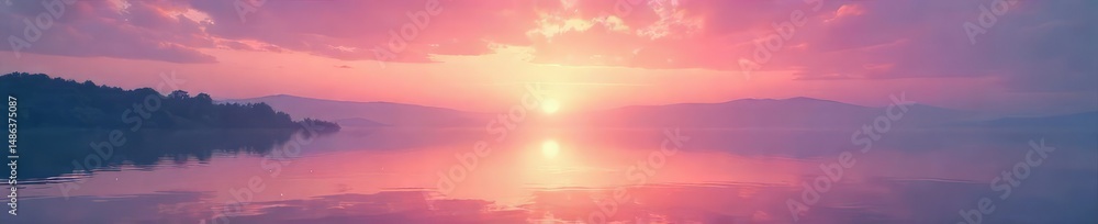Obraz premium Serene sunrise paints the sky in soft, blushing hues, reflecting on calm, still water A scene of pure, untouched beauty Perfect for tranquility, peace, and nature themes , stillness, light, vibrant