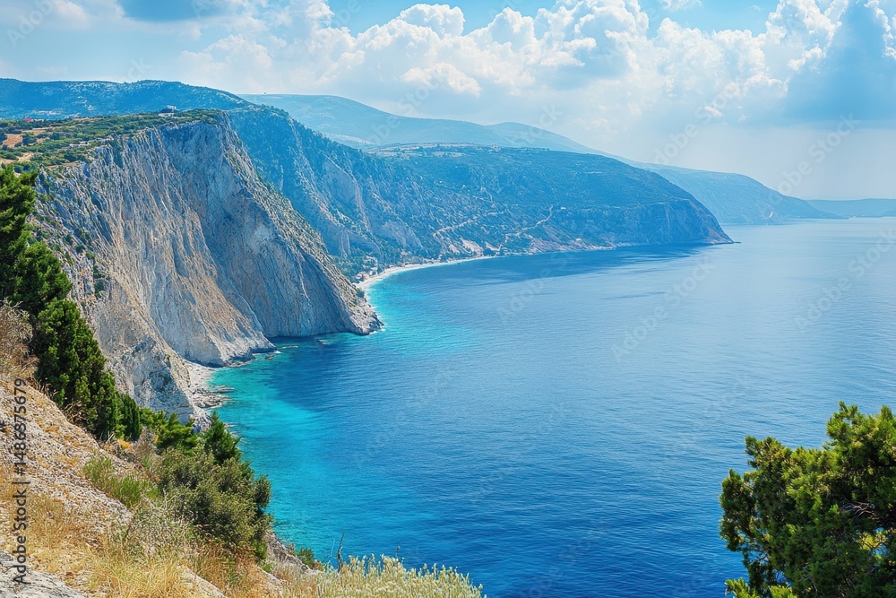 Naklejka premium Stunning Kefalonia coastline offers breathtaking views of crystal clear waters and rugged cliffs, Greek island sea cost beautiful view Kefalonia shore and scenic nature
