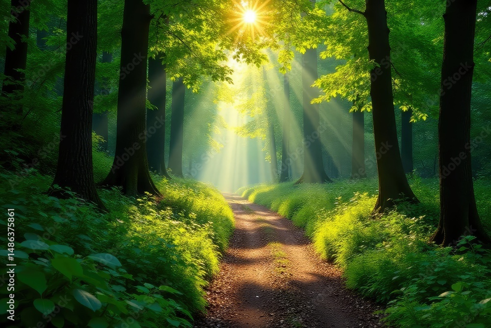 Fototapeta premium Sun-dappled forest path winding through lush green woods, sunlight filtering through leaves , environment, sunlight
