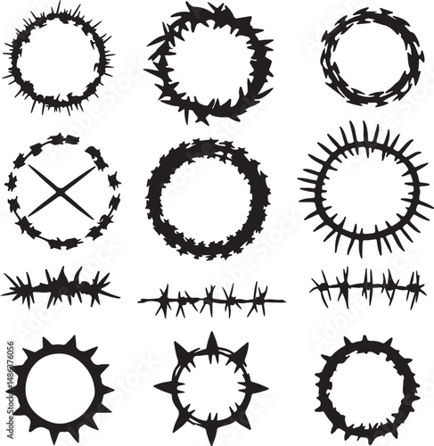 Black Thorn Crowns and Barbed Wire Vector Set, Religious Art