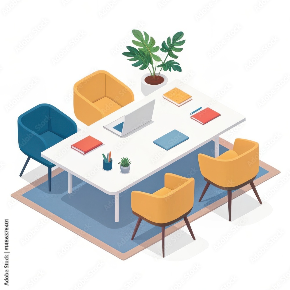 A stylized illustration of a modern boardroom setup with colorful chairs around a table