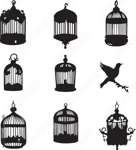 Silhouette Bird Cages and a Bird on Branch, Black and White Art