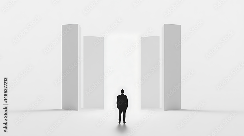 Man stands at the gateway of white pillars, facing a luminous exit. Light and shadow define his path, evoking choices and potential transformations. Man stands at the gateway of white pillars, facing a luminous exit. Light and shadow define his path, evoking choices and potential transformations.