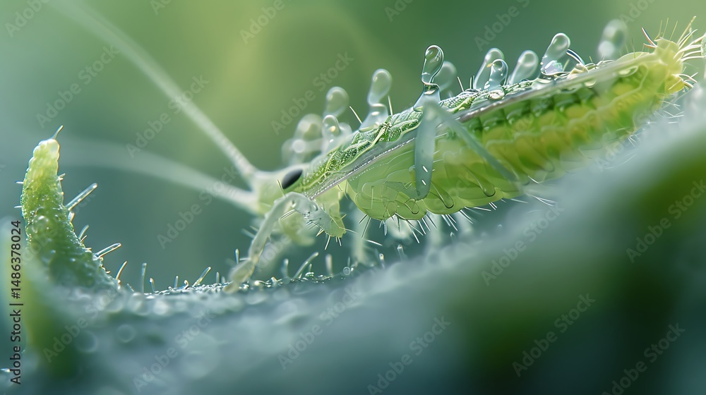 Fototapeta premium Close up of a green lacewing covered in water droplets on a leaf