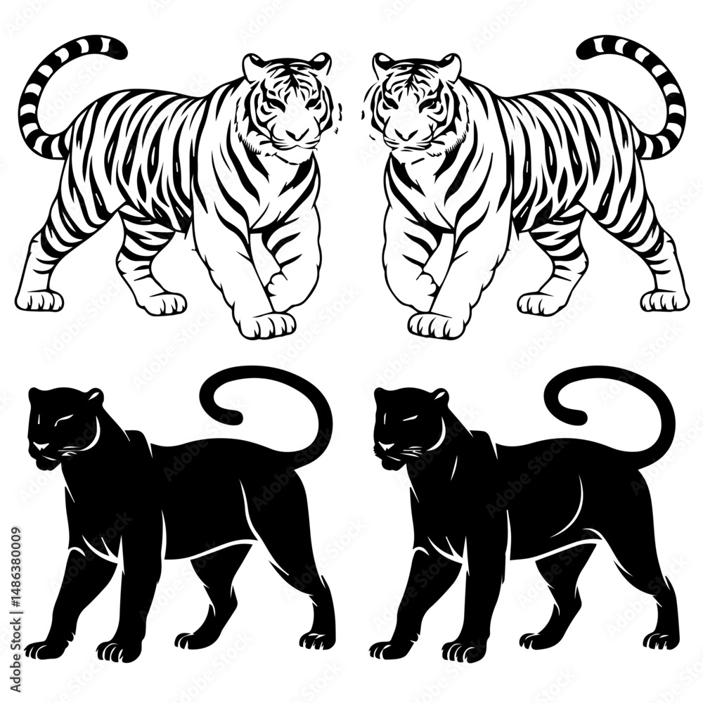Naklejka premium Set of stylized vector illustrations featuring two white tigers and two black panthers in a walking pose, rendered in bold black-and-white line art with mirrored symmetry.