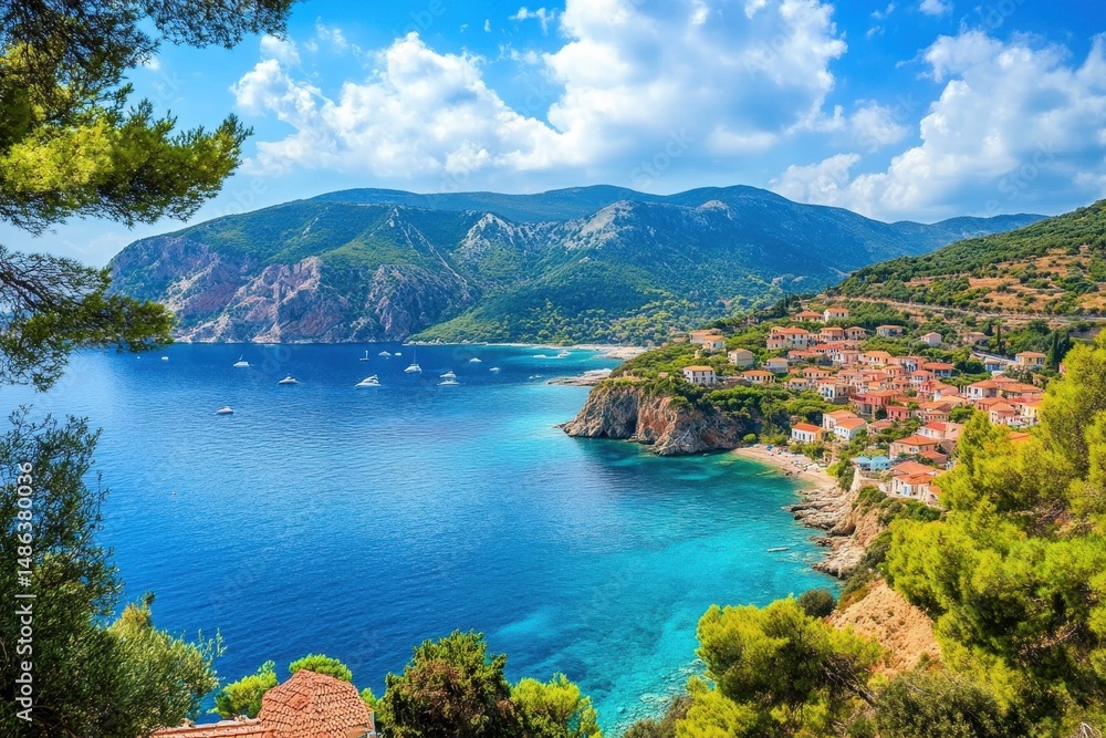 Obraz premium Coastal beauty of Assos village in Kefalonia on a sunny day with clear waters and charming houses, Beautiful sea coast and bay of Assos village in Kefalonia, Greece