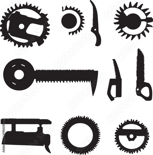 Silhouette Tools: Saws, Gears, and Scales in Black and White