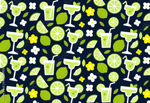 Minimal Flat Cute Cocktail, Lime, Flower Seamless Pattern – Summer Drink Vector Background for Wrapping Paper, Party Decor, Fabric Prints, Wallpapers, and Tropical Bar Designs